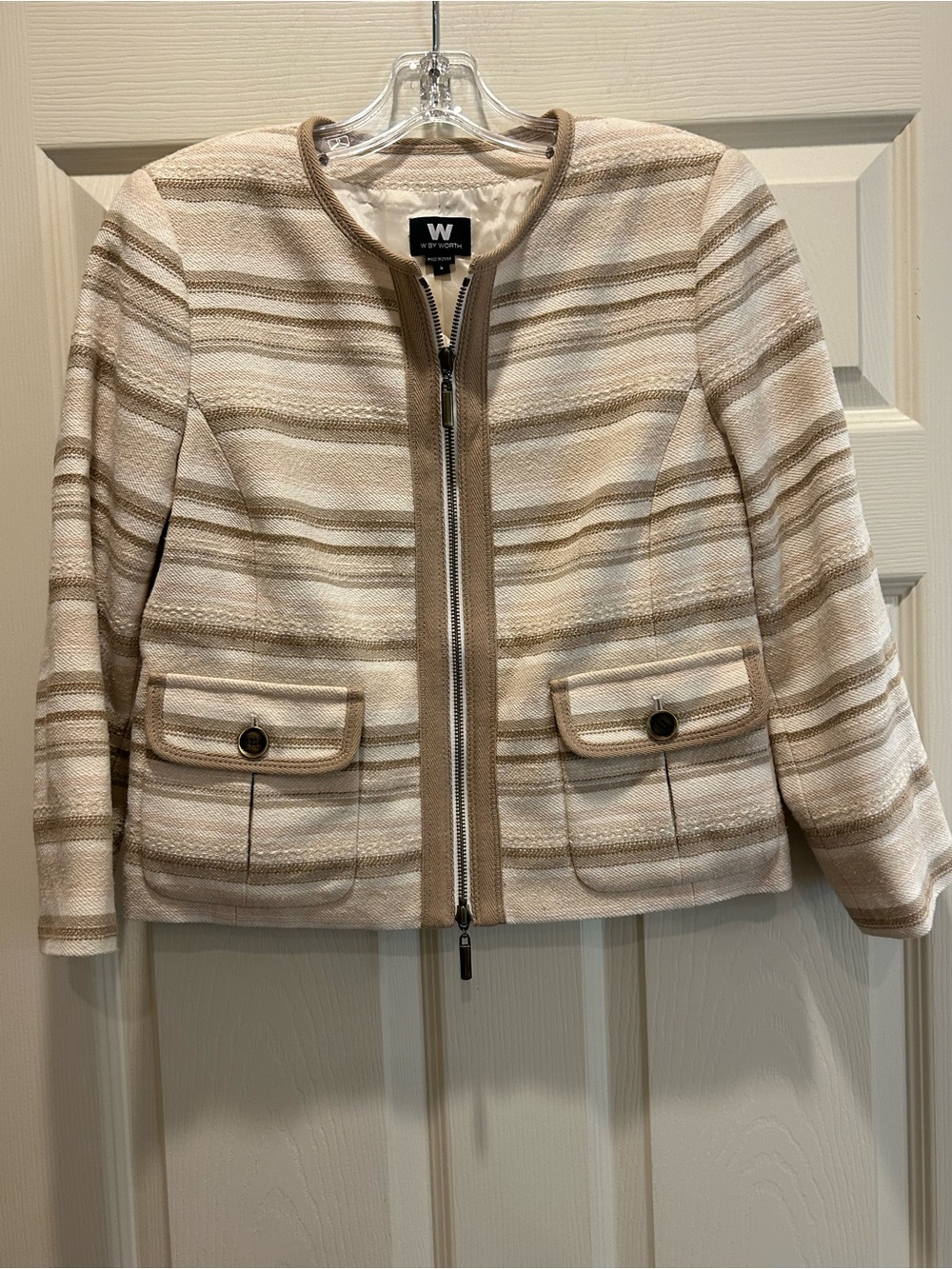 W by Worth Cream and Tan Striped Zip-Front Jacket